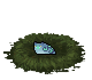 Pixel art of a blue slugpup with green-blue markings and a pale belly.